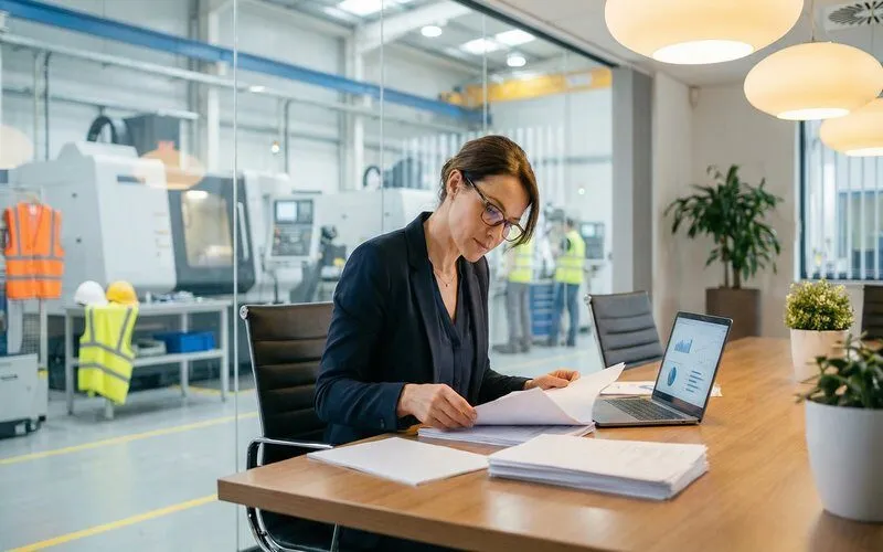 Consulente al lavoro su un piano di sicurezza aziendale, con caschi e gilet ad alta visibilita appesi sullo sfondo