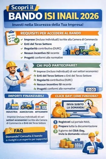Locandina del Bando ISI INAIL 2026 con requisiti di accesso, importi finanziabili e date del click day