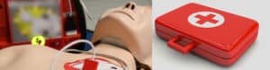 Manichino per esercitazioni di rianimazione con piastre del defibrillatore e valigetta di primo soccorso
