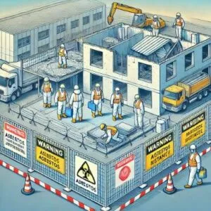 Illustrazione di un cantiere di rimozione amianto con recinzioni, cartelli di pericolo e operatori in tuta protettiva